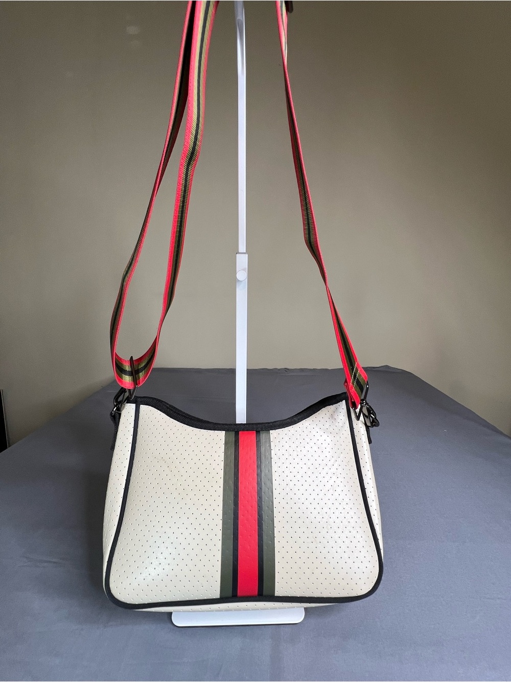 Haute Shore Neoprene Crossbody Bag Cream Olive Red Stripe Adjustable Strap